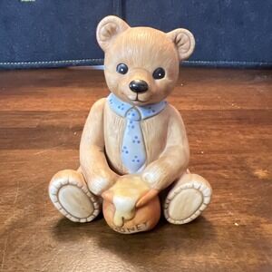 HOMCO Teddy Bear with Honey Pot 1980s Necktie Happy‎ #1405 Porcelain 4" VTG